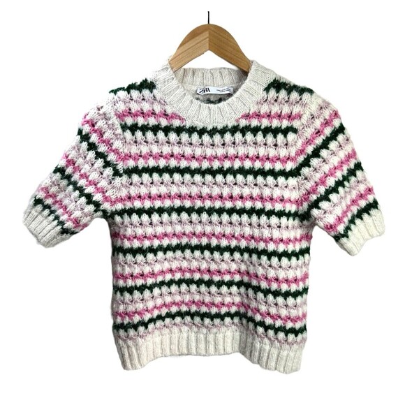 Zara Short Sleeve Sweater Womens Small Pink Green White Fuzzy - Picture 5 of 10